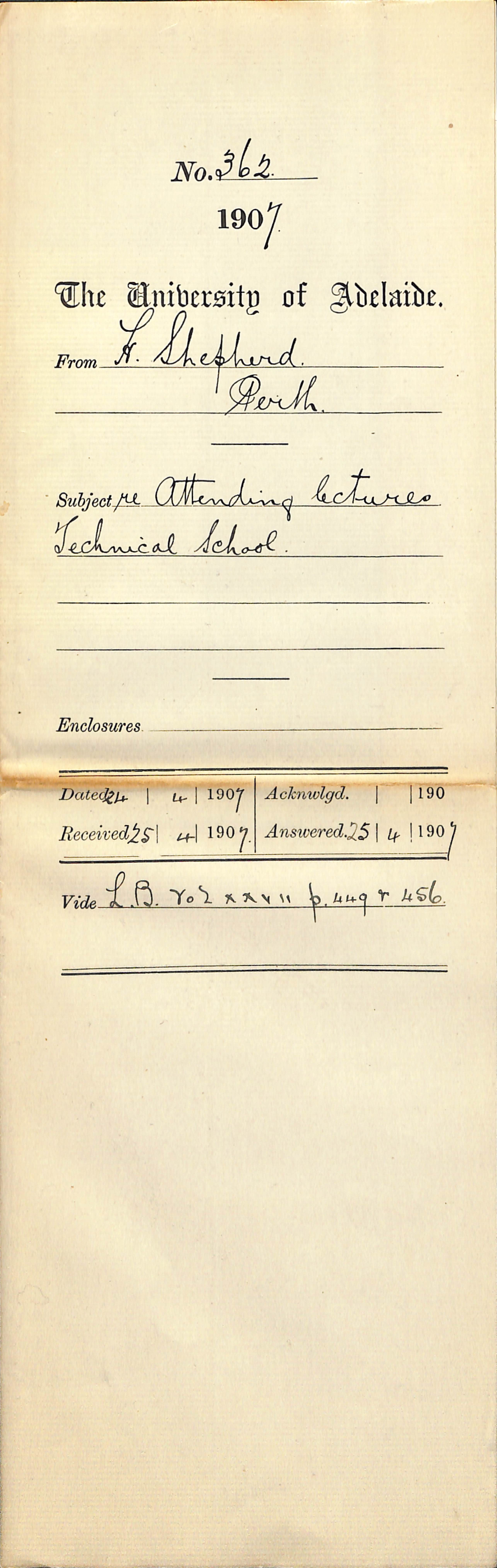 H Shepherd - Perth - Attending lectures Technical School