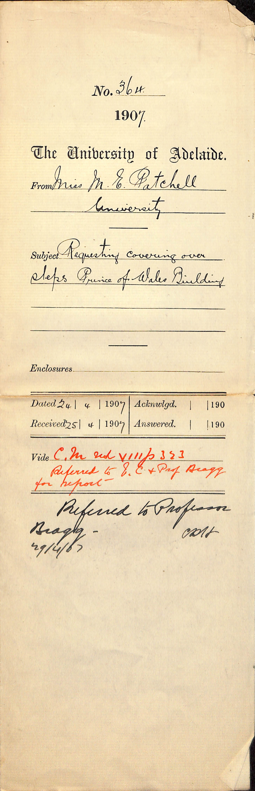 Miss Mary Emma Patchell - University - Requesting covering over steps Prince of Wales Building