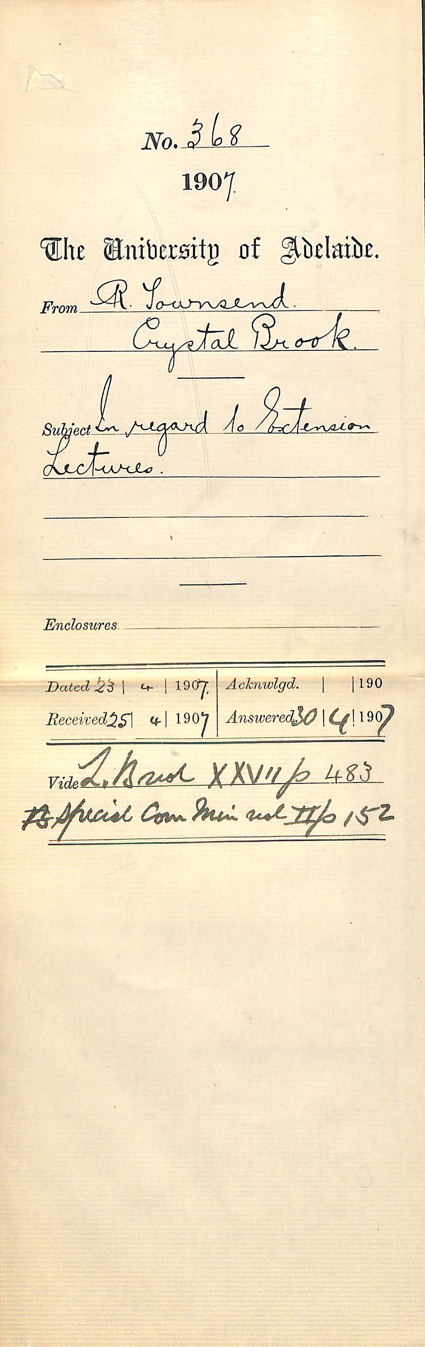 R Townsend - Crystal Brook - In regard to Extension Lectures