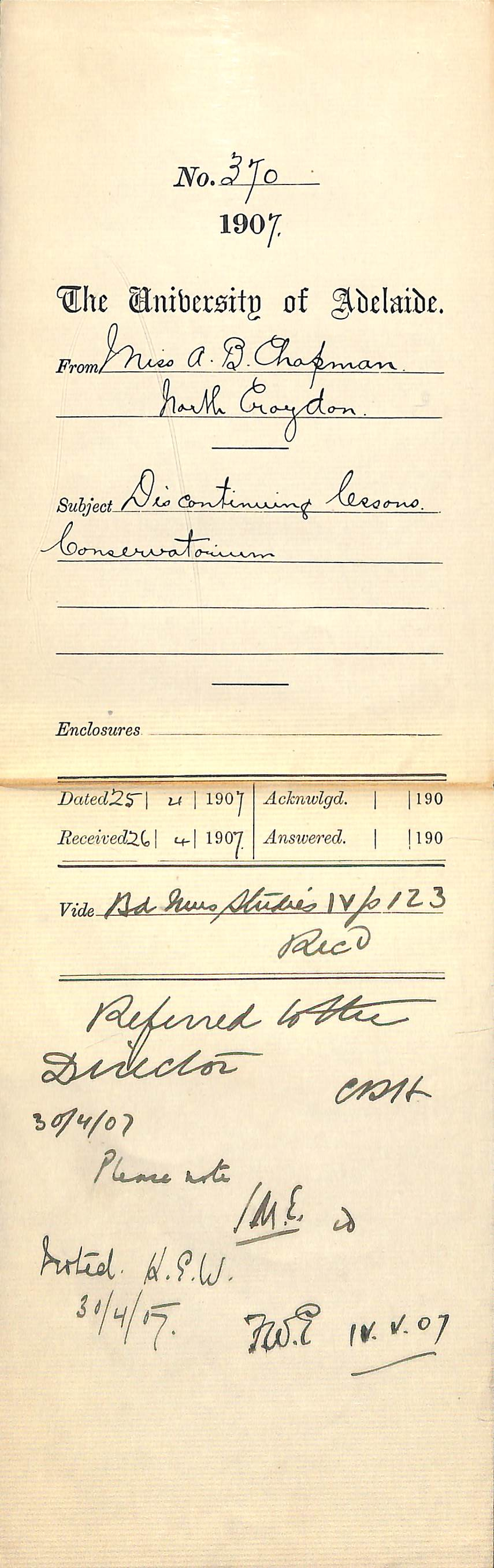 Miss Ada Beryl Chapman - North Croydon - Discontinuing lessons Conservatorium