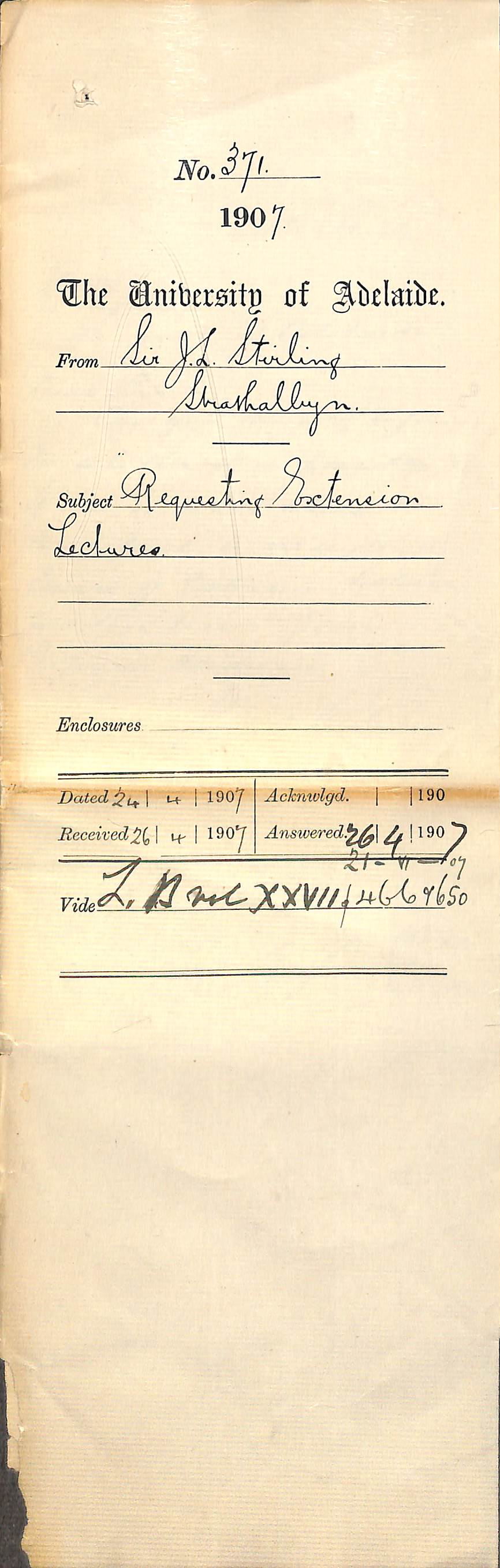 Sir John Lancelot Stirling - Strathalbyn - Requesting Extension Lectures