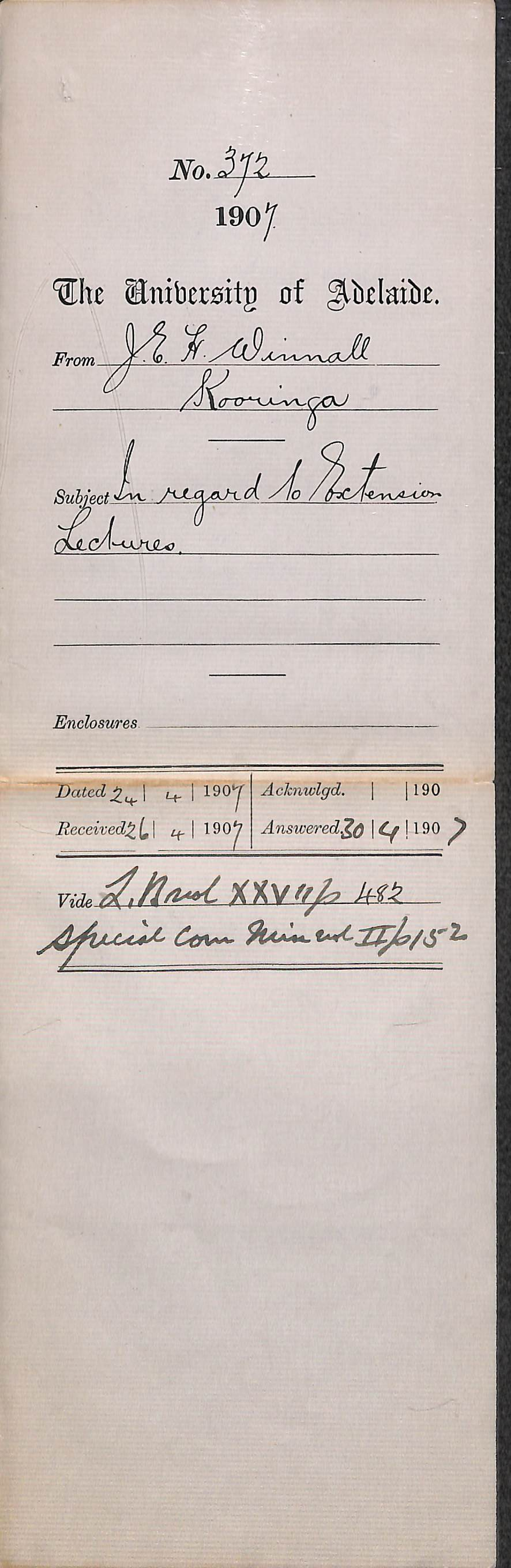 John Edward Hyde Winnall - Kooringa - In regard to Extension Lectures