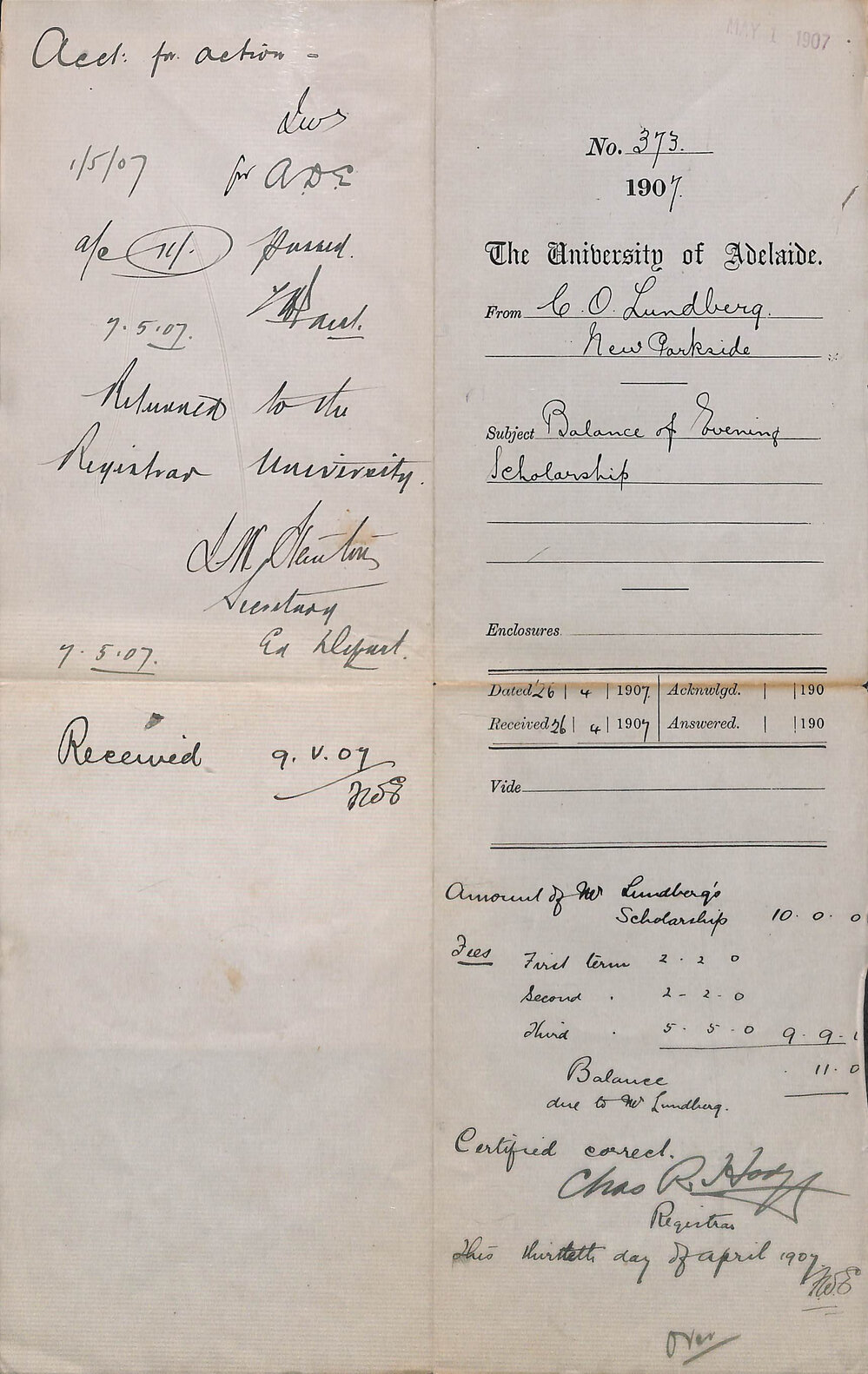 Carl Oscar Lundberg - New Parkside - Balance of Evening Scholarship