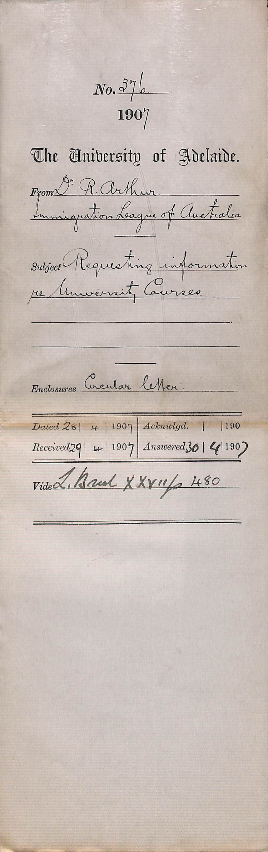 Dr Richard Arthur - Immigration League of Australia - Requesting information re University Courses