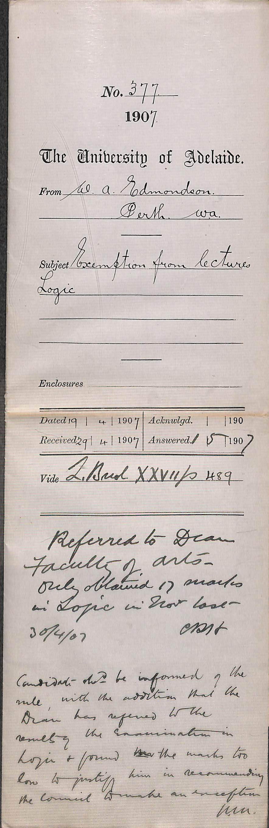 William A Edmondson - Perth - Exemption from lectures Logic