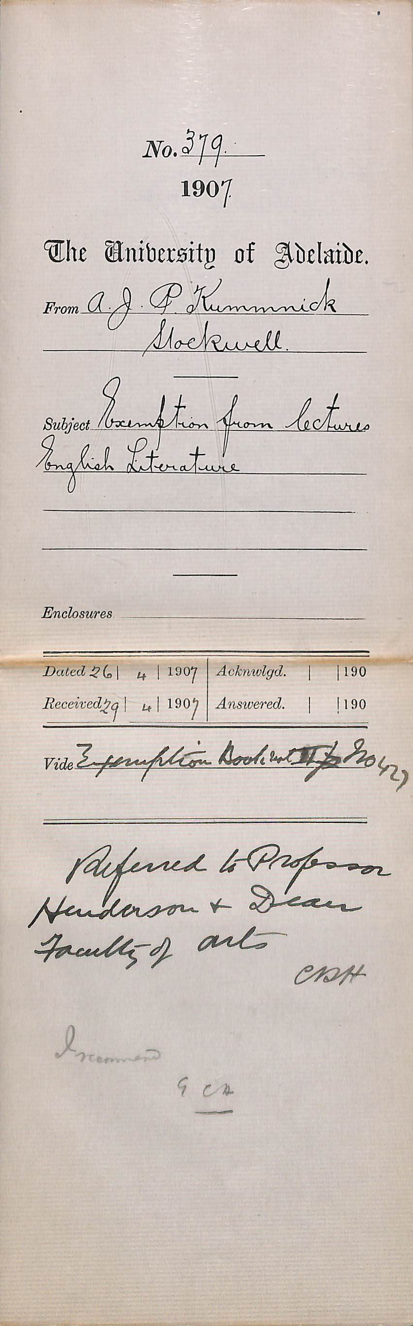 Albert Johannes Paul Kummnick - Stockwell - Exemption from lectures English Literature