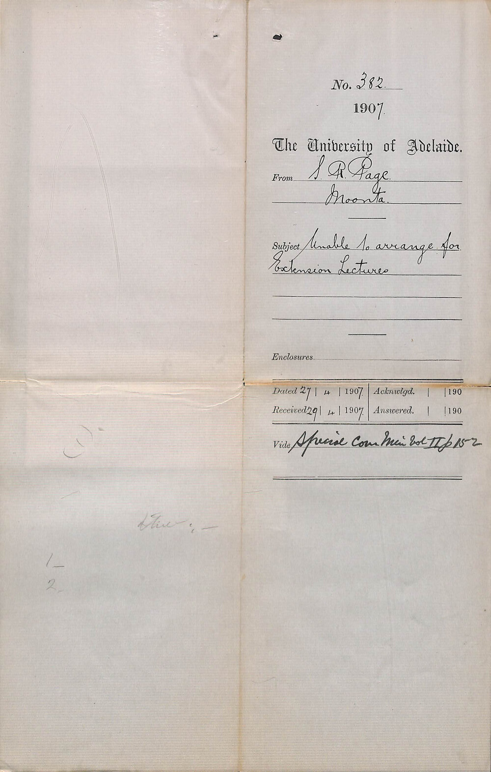 S R Page - Moonta - Unable to arrange for Extension Lectures