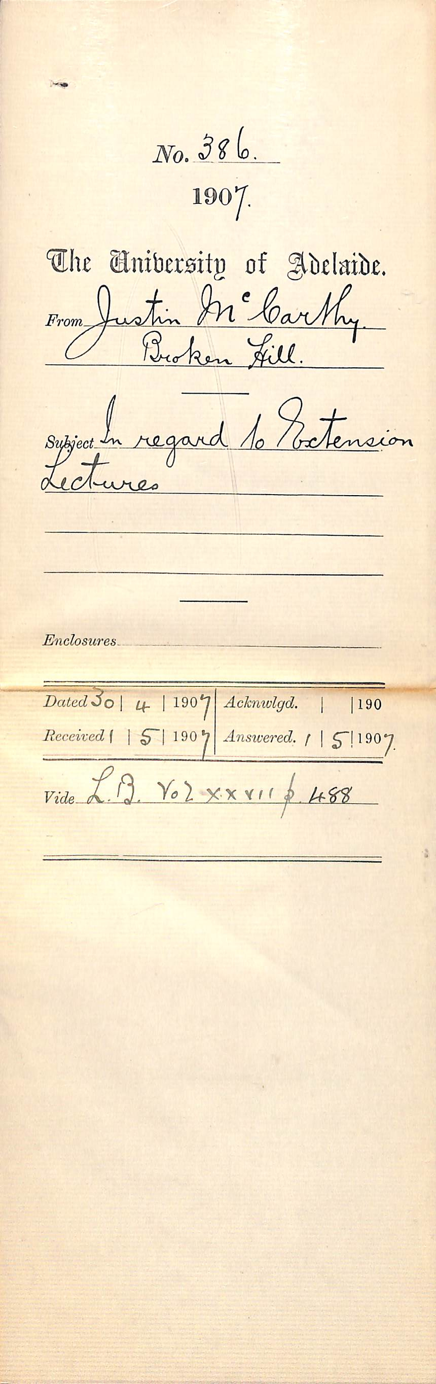 Justin McCarthy - Broken Hill - In regard to Extension Lectures