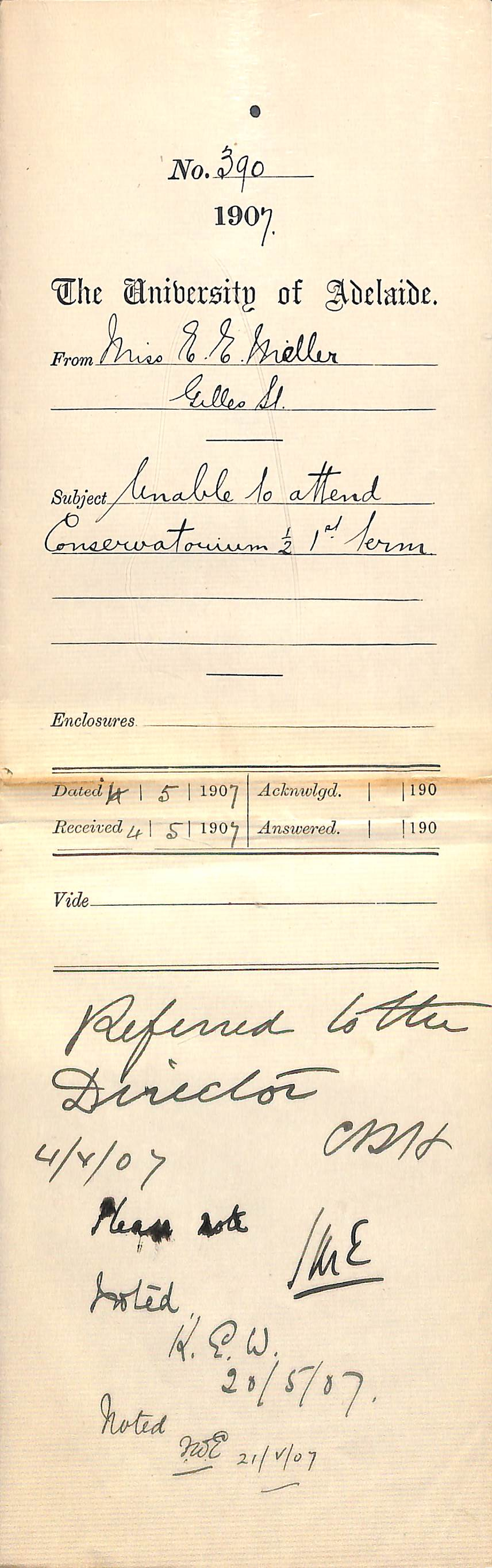 Miss Eva Ellison Meller - Gilles Street - Unable to attend Conservatorium half 1st Term