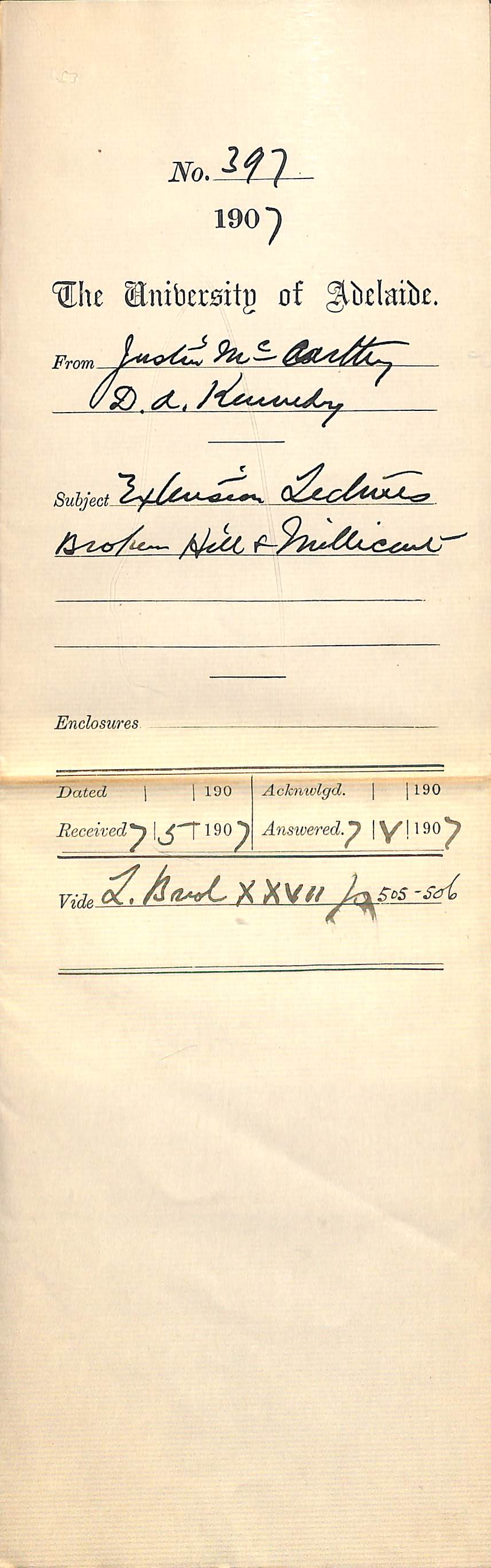 Justin McCarthy and D A Kennedy - Extension Lectures Broken Hill and Millicent