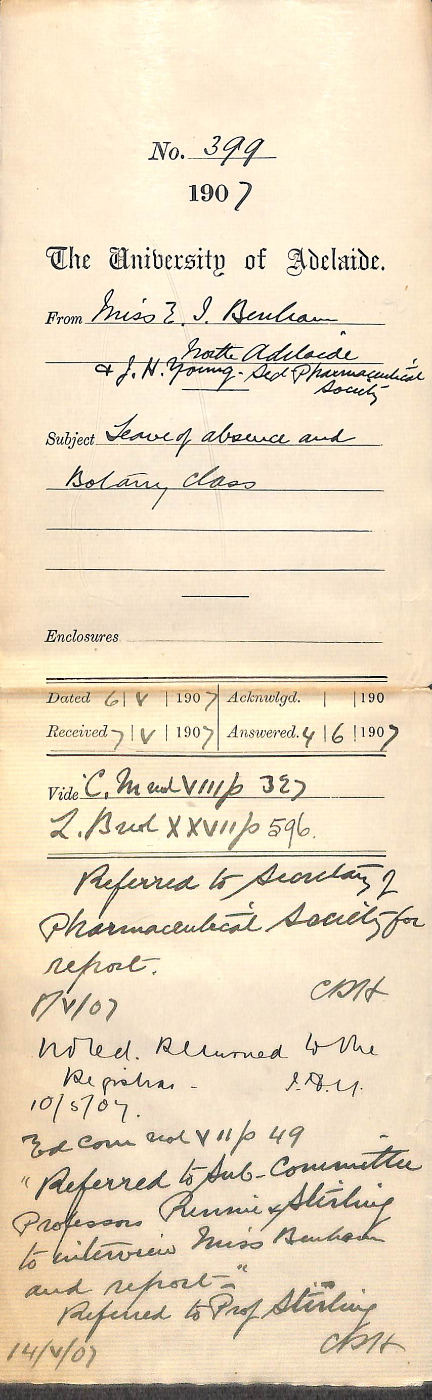Miss Ellen I Benham North Adelaide J H Young - Secretary Pharmaceutical Society - Leave of Absence and Botany Class
