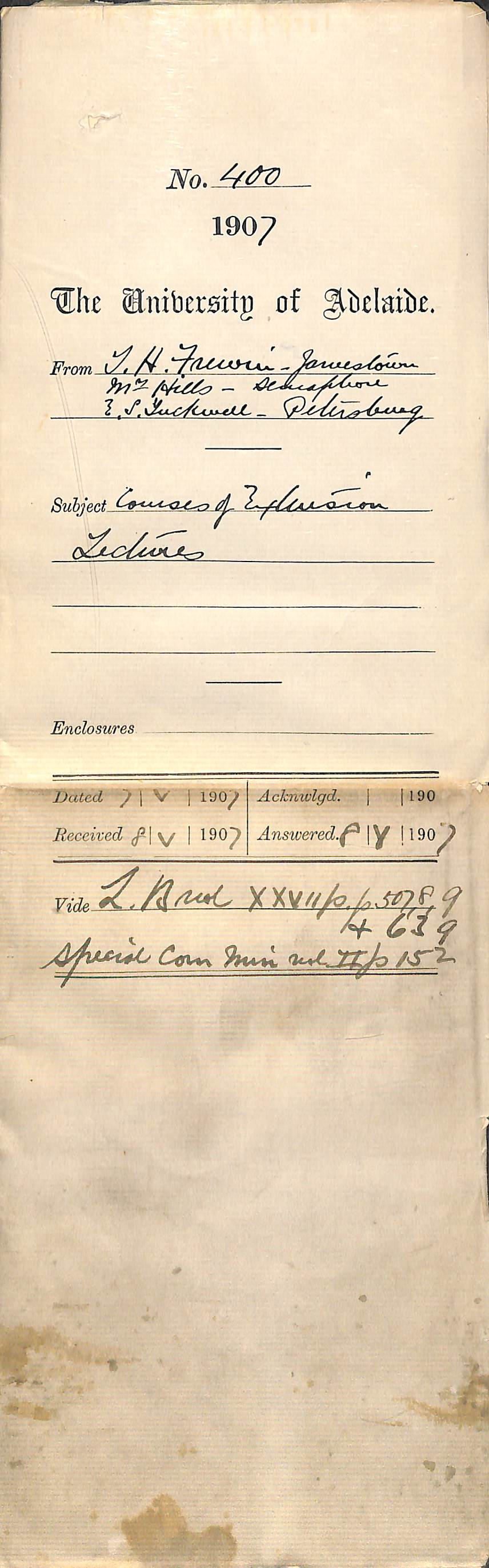 Thomas H Frewin Jamestown - Mrs Alice Hills Semaphore - E S Tuckwell Petersburg - Courses of Extension Lectures