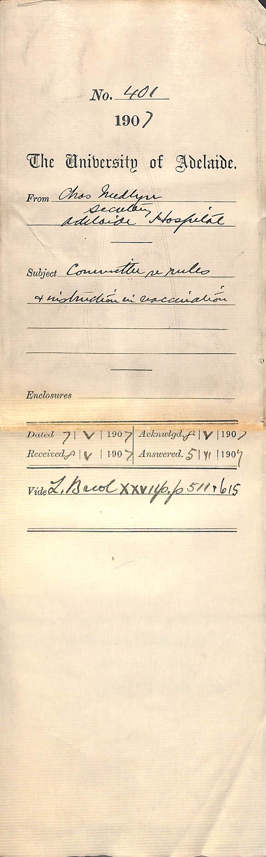 Charles Medlyn - Secretary Adelaide Hospital - Committee re Rules and Instruction in Vaccination