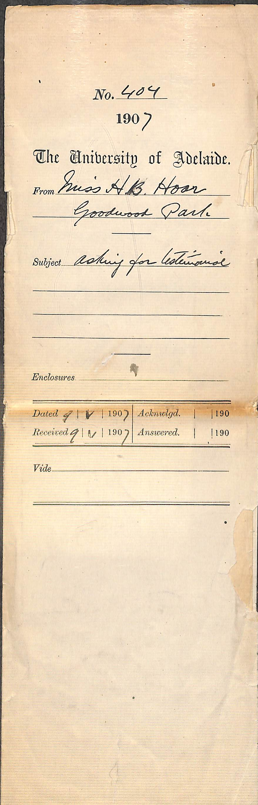 Miss Lilian B Hoar - Goodwood Park - Asking for Testimonial