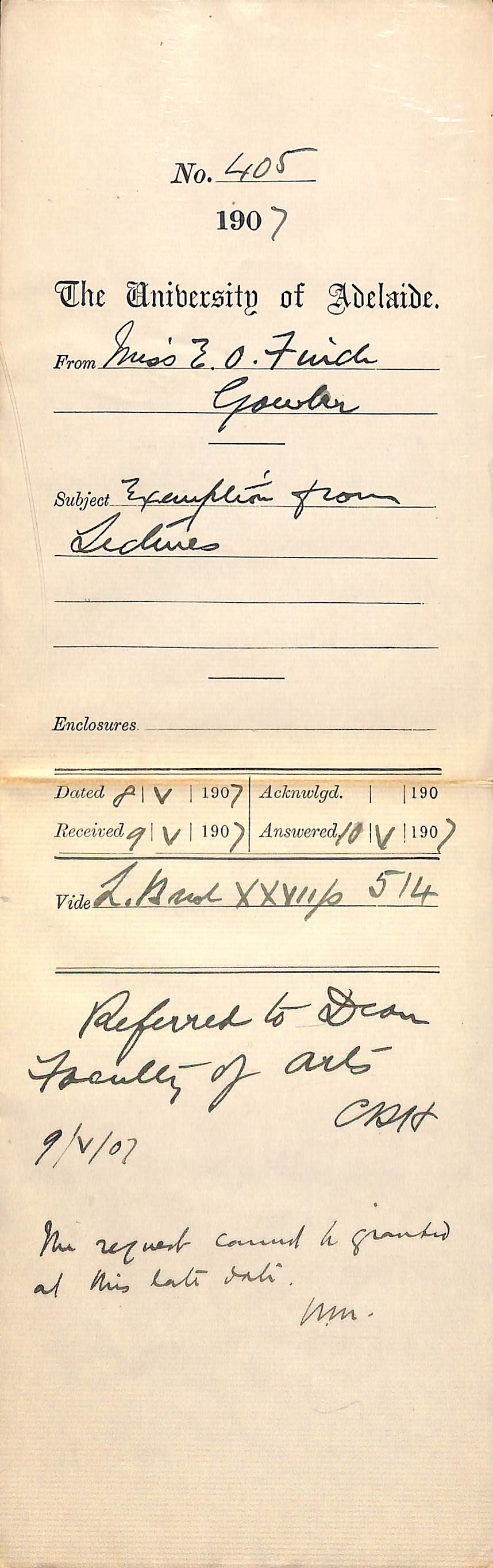 Miss Emily Olive Finch - Gawler - Exemption from Lectures