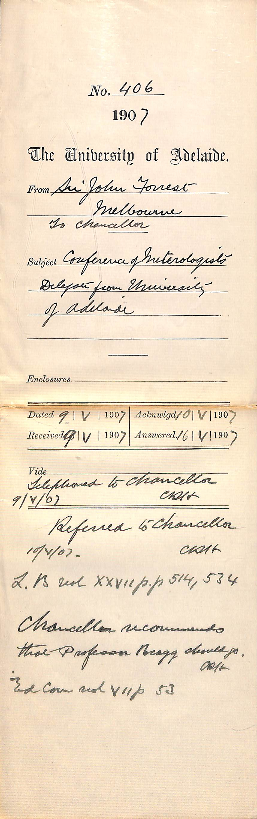 Sir John Forrest - Melbourne - to Chancellor - Conference of Meteorologists Delegate from University of Adelaide