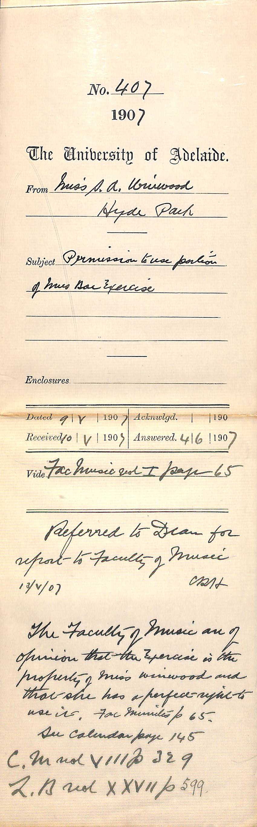 Miss Susie A Winwood - Hyde Park - Permission to use portion of Mus Bac Exercise