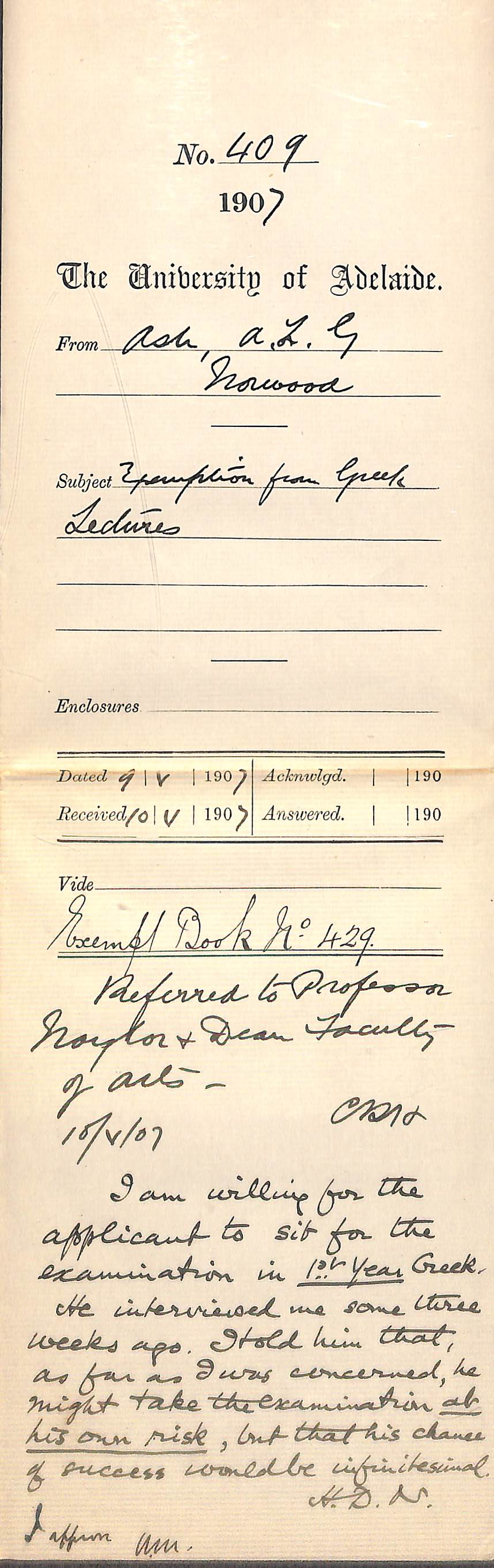 Arthur Louis George Ash - Norwood - Exemption from Greek Lectures