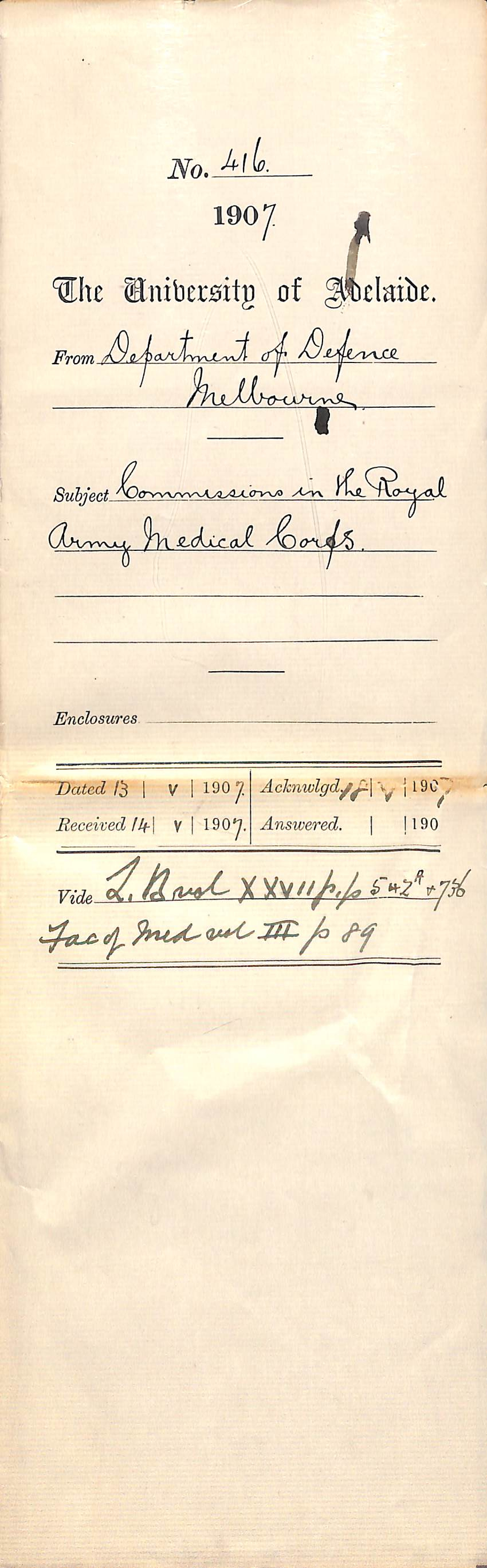 Commonwealth of Australia, Department of Defence - Melbourne - Commissions in the Royal Army Medical Corps