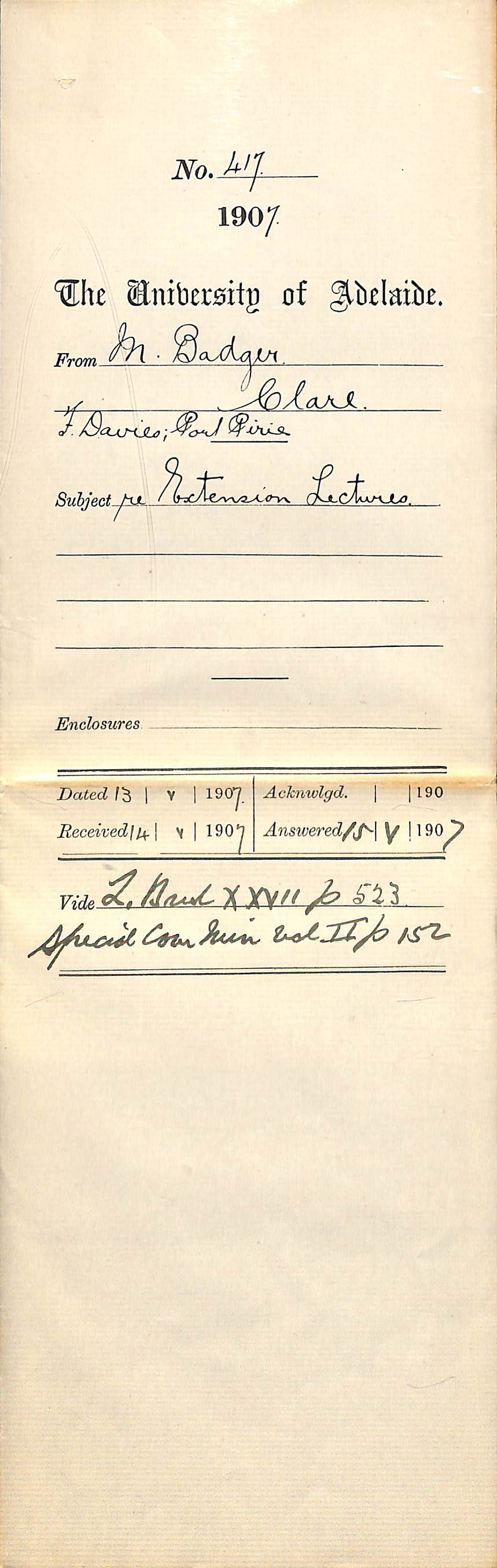 Magnus Badger [Solicitor, Notary, and Commissioner] - Clare and F Davies [Hon Secretary] - Port Pirie - Re Extension Lectures
