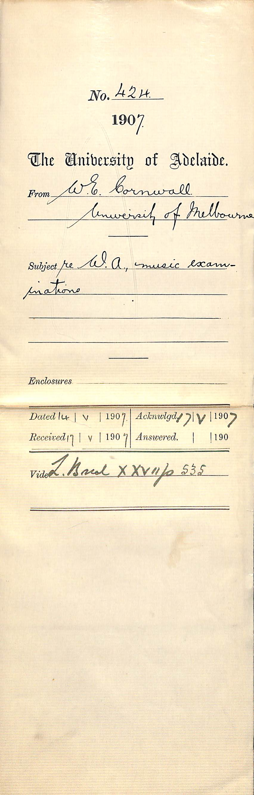 Walter Emerson Cornwall [Registrar - The University of Melbourne] - Melbourne - Re Western Australian music examinations