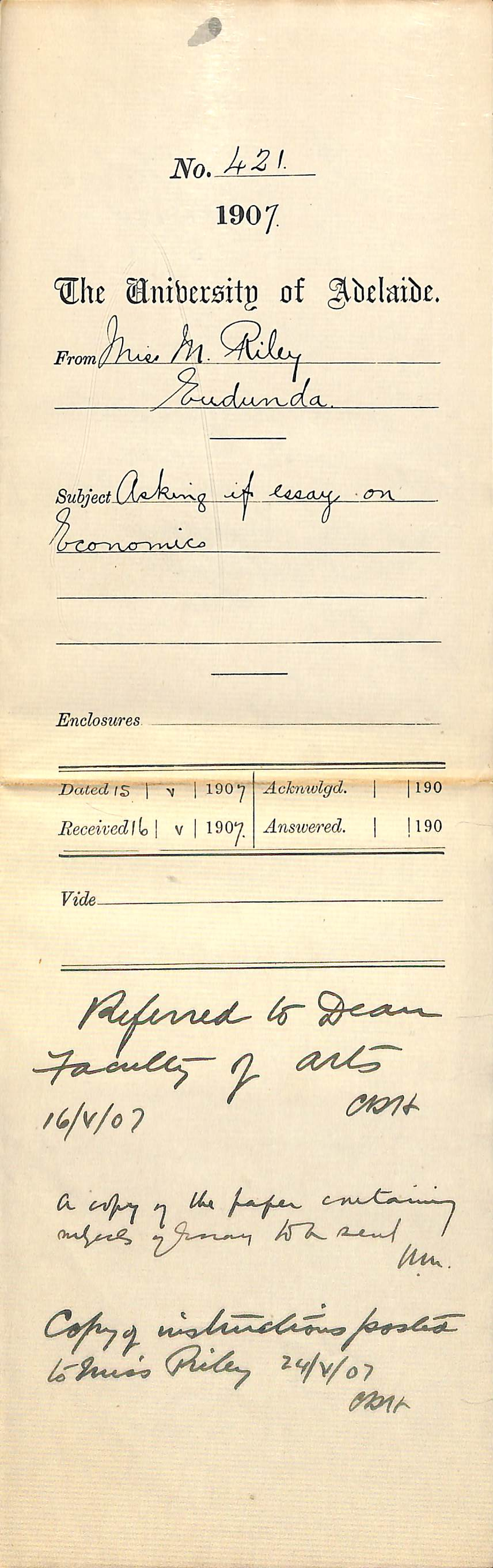 Miss M [Mabel] Riley - [Public school] Eudunda - Asking if essay on Economics