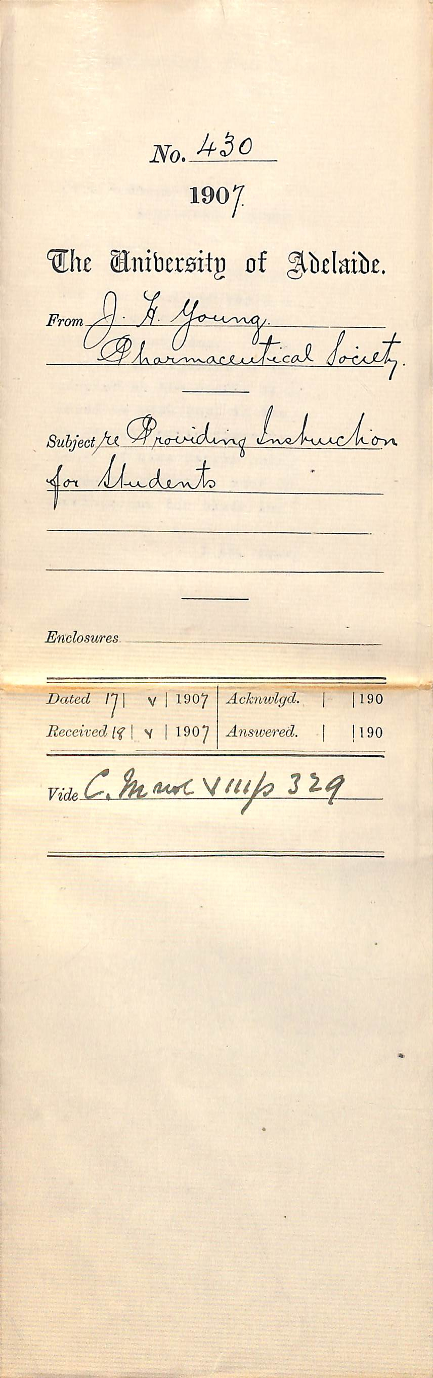 J H Young - Honorary Secretary - Pharmaceutical Society of South Australia - South Australia - Providing instructions for students