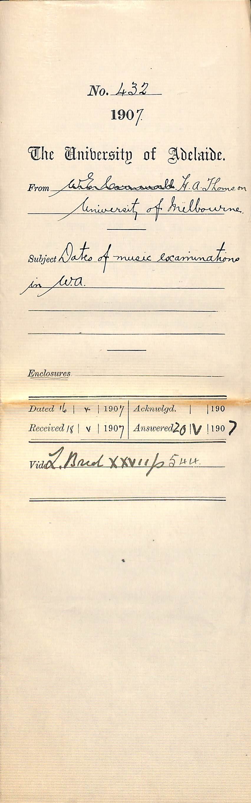 H A Thomson [The University of Melbourne, Conservatorium of Music] - Melbourne - Dates of music examinations in Western Australia