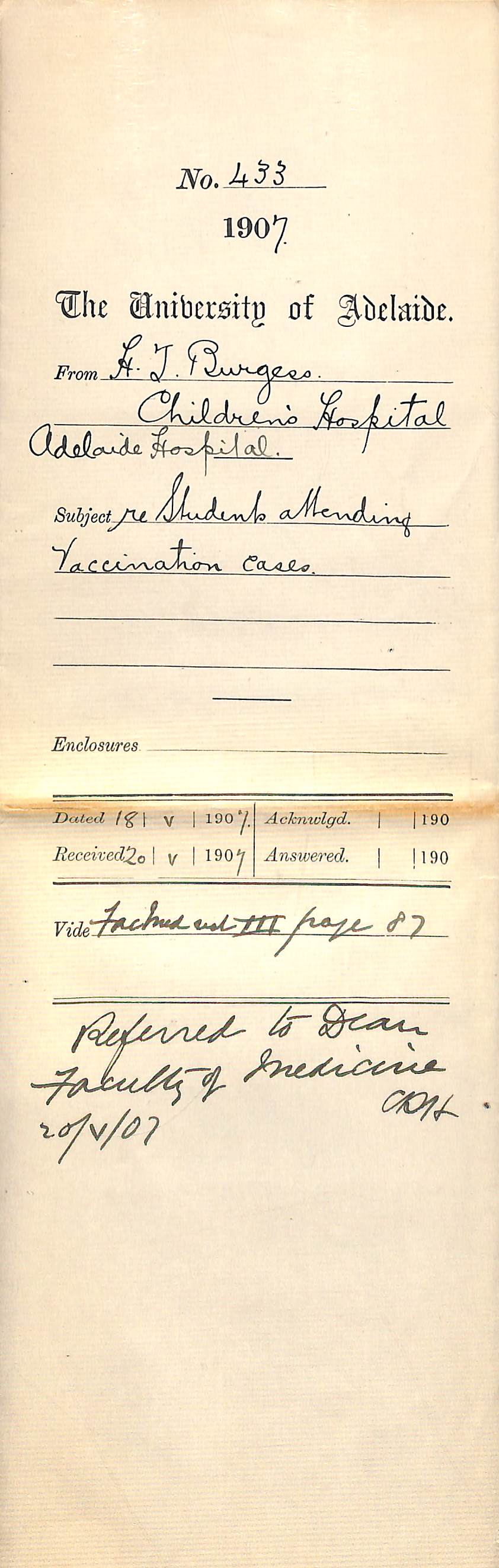 H J Burgess [Children's Hospital - Adelaide Hospital] - Adelaide, SA - Re students attending vaccination cases
