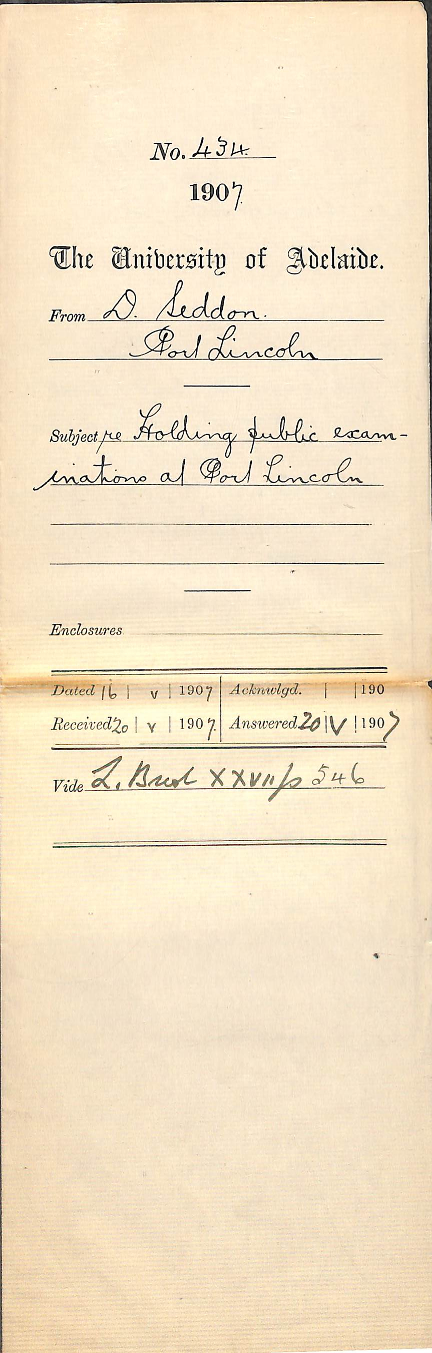 D Seddon - Port Lincoln - Holding public examinations at Port Lincoln