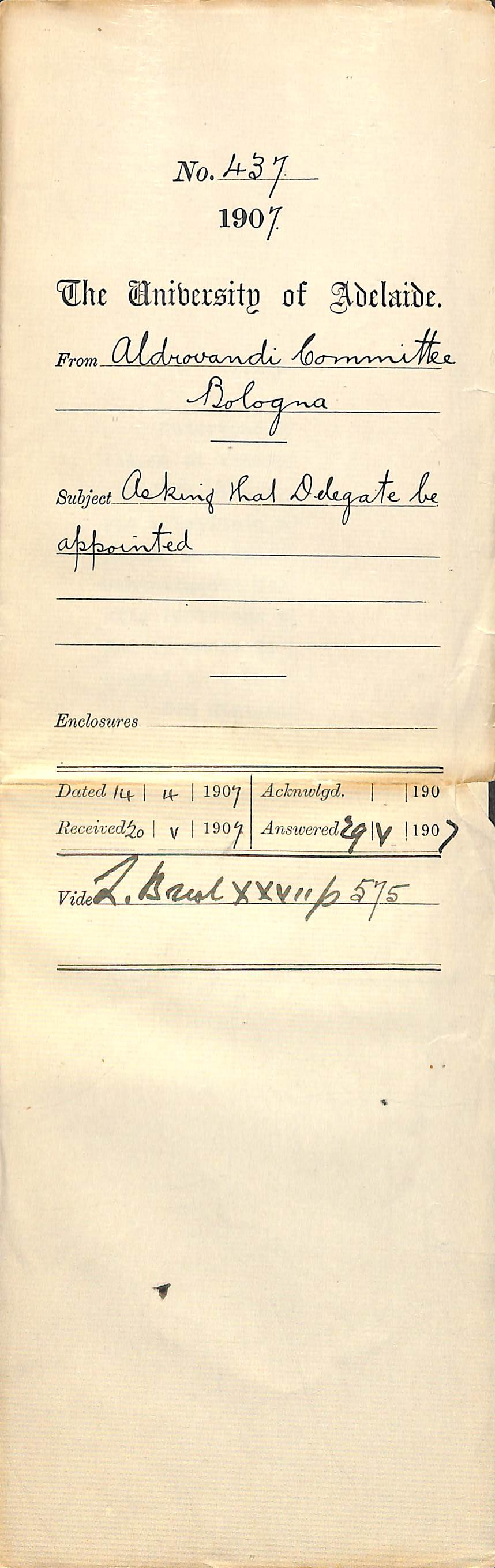 Aldrovandi Committee - Bologna - Asking that Delegate be appointed