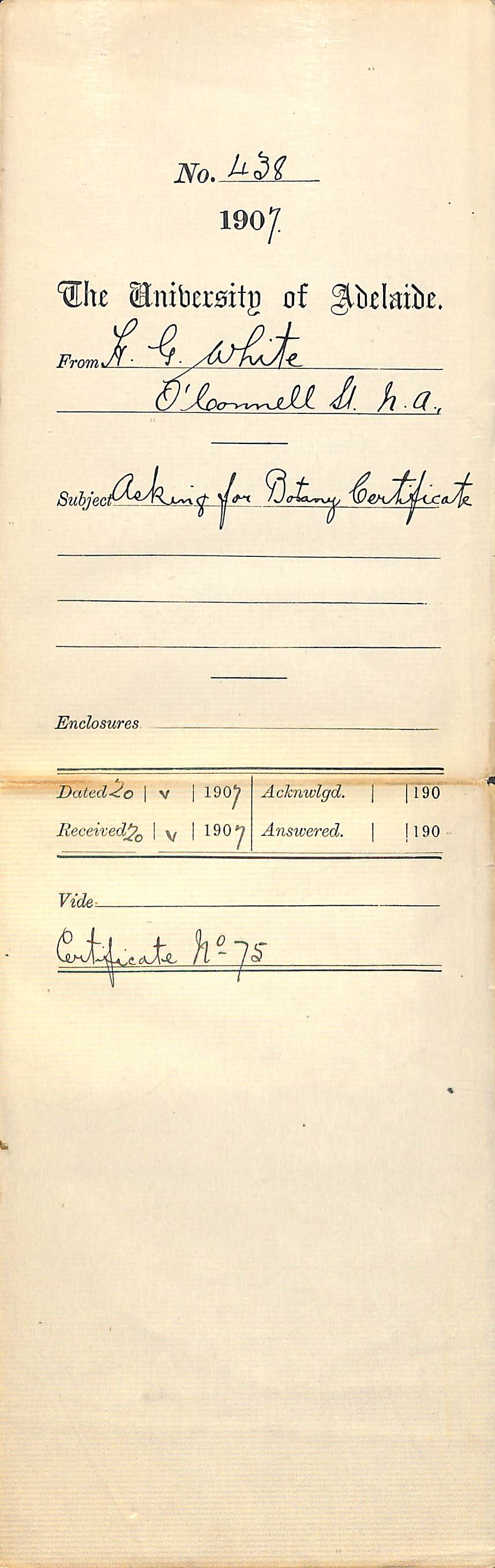 H [Howard] G [Gordon] White - O'Connell Street, North Adelaide - Asking for Botany Certificate