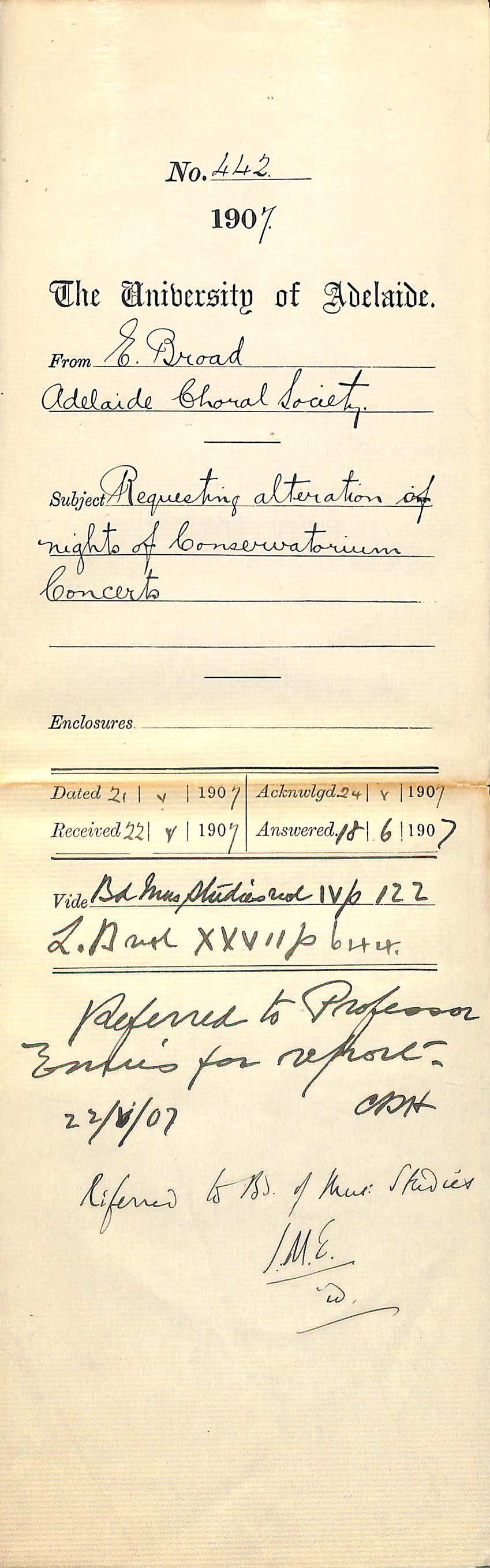 E [Edwin] Broad [Adelaide Choral Society and Adelaide Orpheus Society] - Telegraph Department, Adelaide - Requesting alteration of nights of Conservatorium Concerts