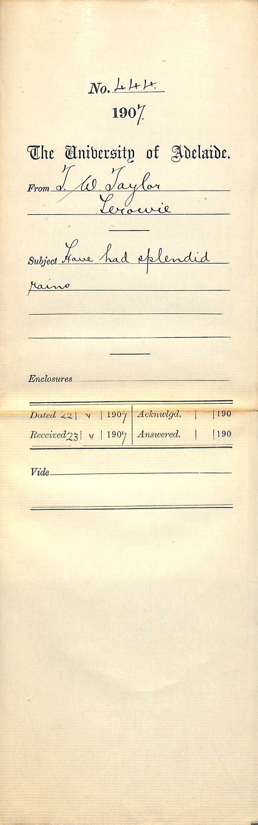 Thomas W Taylor - Terowie - Have had splendid rains