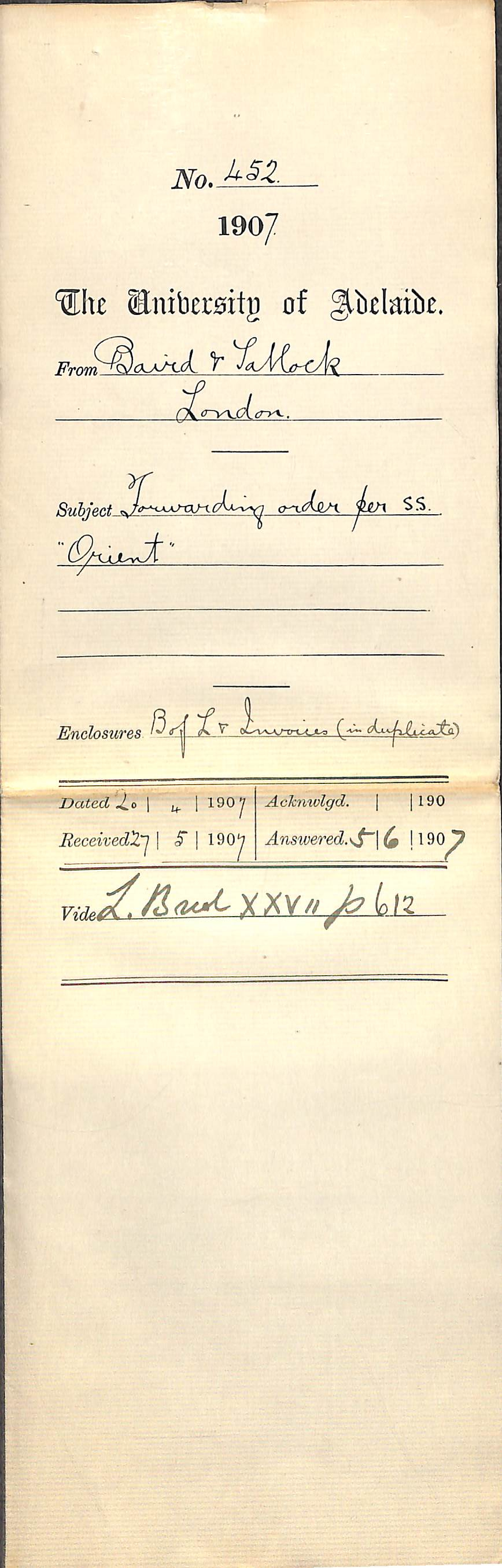 Baird and Tatlock - London - Forwarding order per SS "Orient"