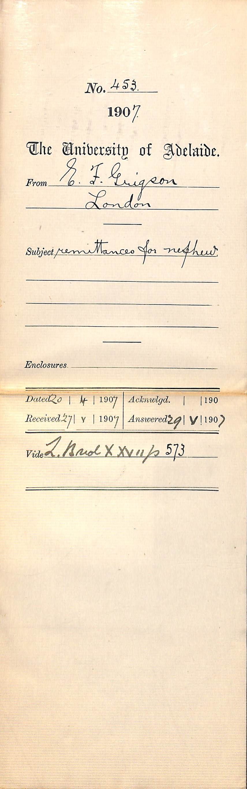 Edward F Grigson - London - Remittances for nephew