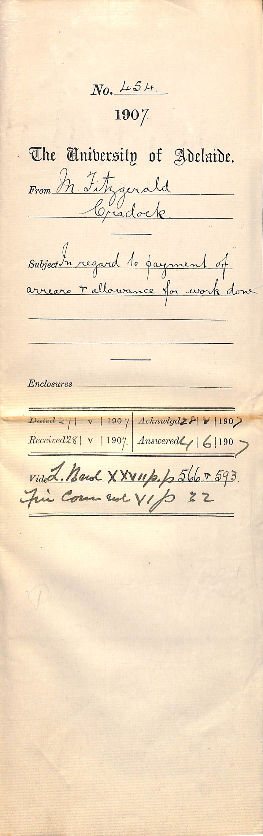 M [Maurice] Fitzgerald - Cradock - In regard to payment of arrears and allowance for work done