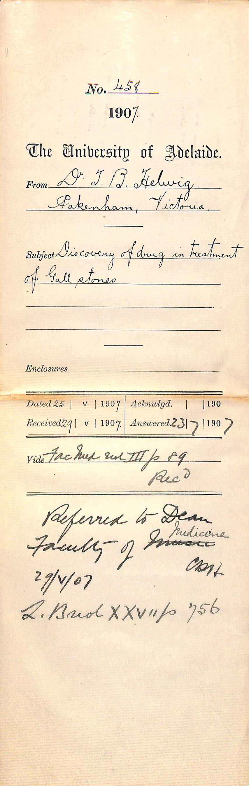 Dr J B Helwig - Pakenham, Victoria - Discovery of drug in treatment of Gallstones