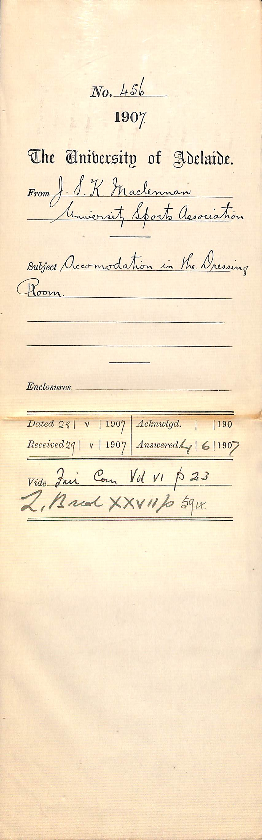 J S K MacLennan [Honorary Secretary Adelaide University Sports Association] - Adelaide - Accommodation in the Dressing Room