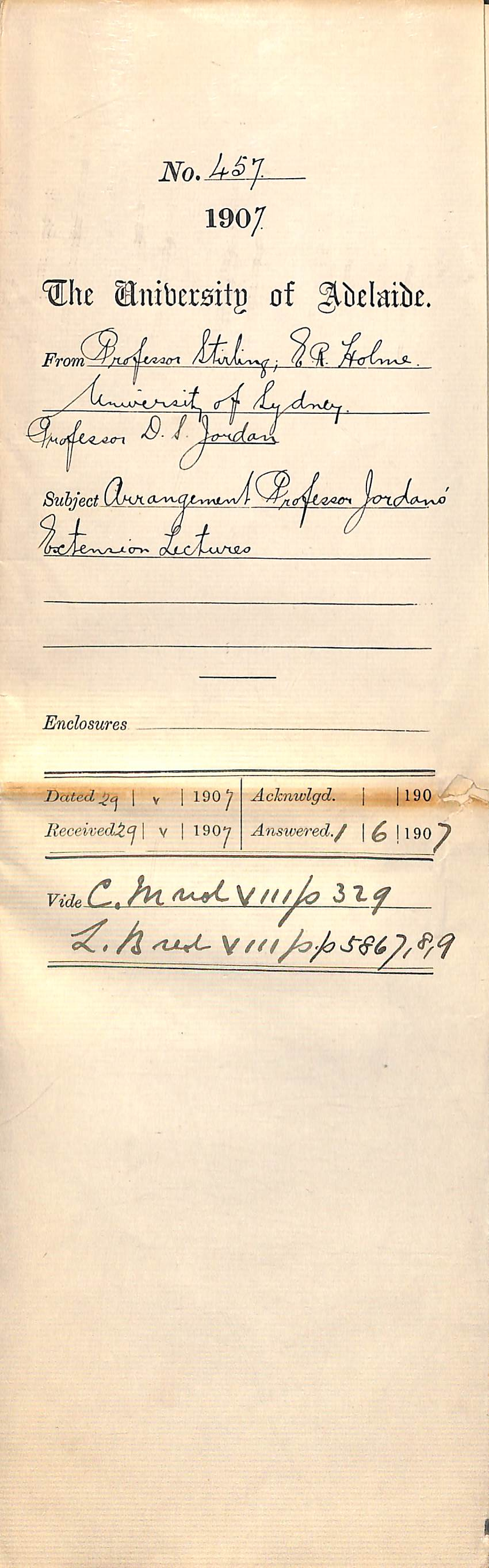 Professor Stirling, E R Holme [University of Sydney] Professor David Starr Jordan - Sydney - Arrangement Professor Jordan's Extension Lectures