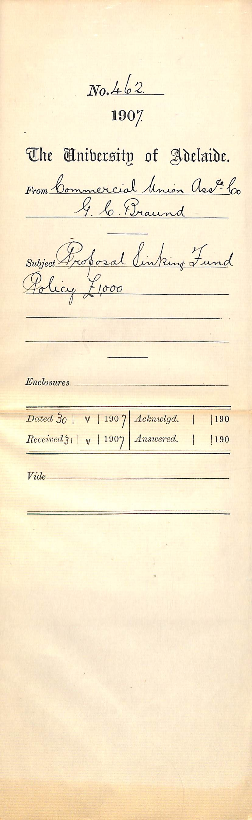 George C Braund [Acting Local Secretary - Commercial Union Assurance Company Limited] - Adelaide - Proposal linking found policy &pound;1000
