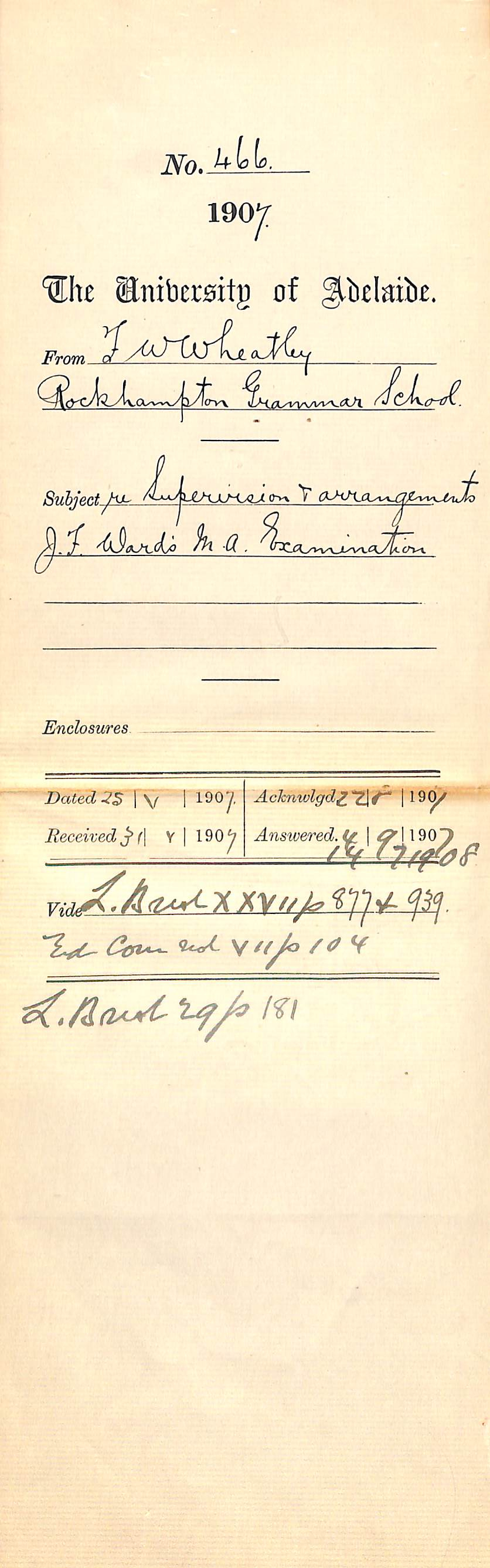 Fred William Wheatley - Rockhampton Grammar School - Supervision and arrangements for J F Ward's MA Examination