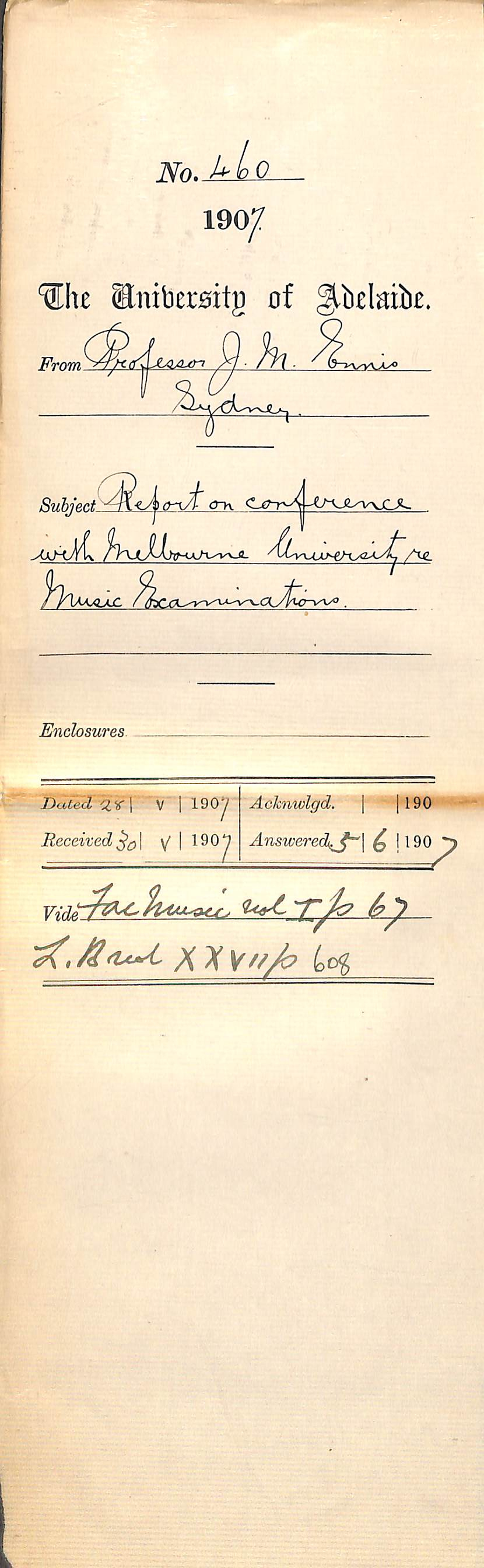 Professor J M [Matthew] Ennis - Sydney - Report on conference with Melbourne University re Music Examinations