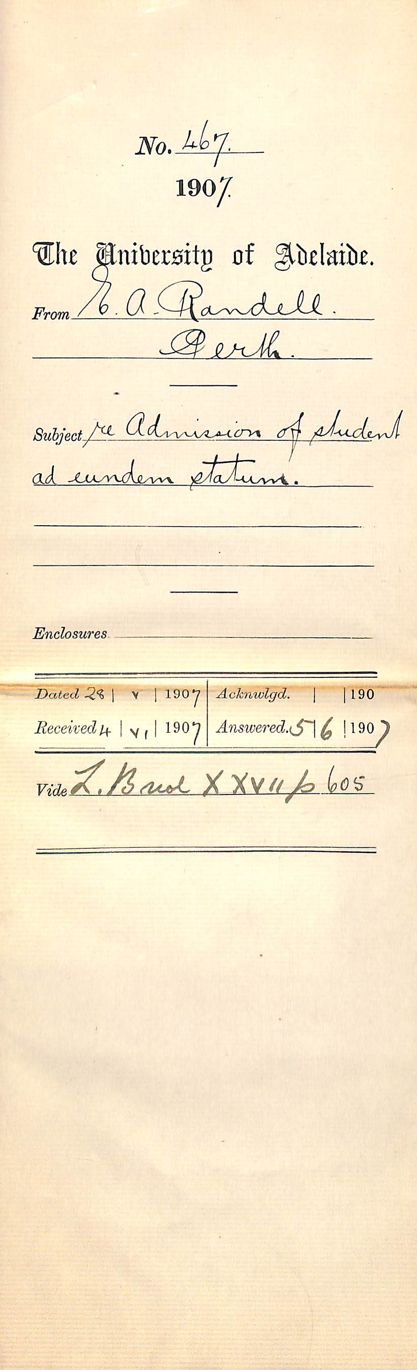 E A Randell - Secretary - The University of Adelaide (West Australia Centre) The Observatory - Perth - Re admission of student ad eundem statum