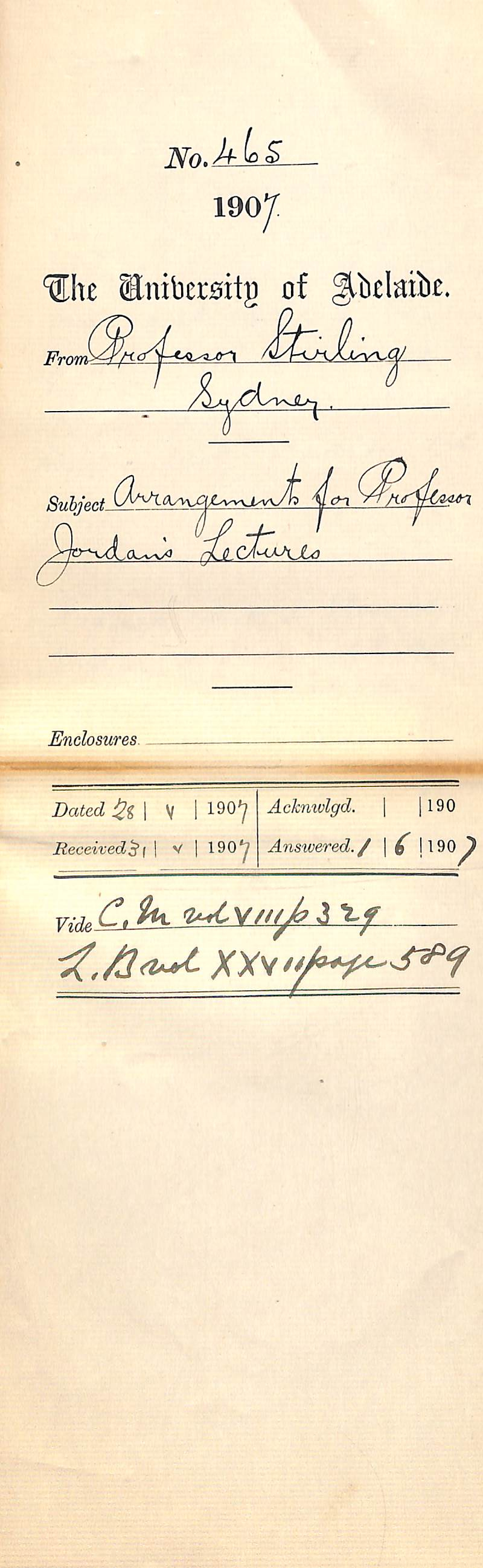 Professor Stirling - Sydney - Arrangements for Professor Jordan's Lectures