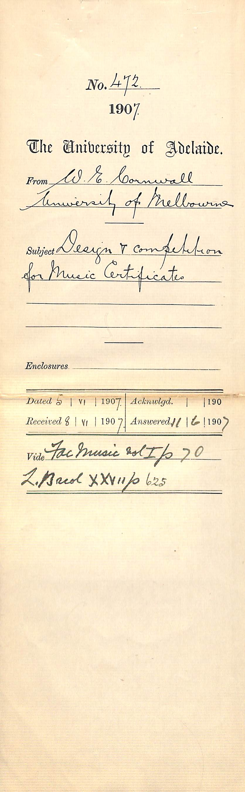 Walter Emerson Cornwall - Registrar - The University of Melbourne - Design and competition for Music Certificates