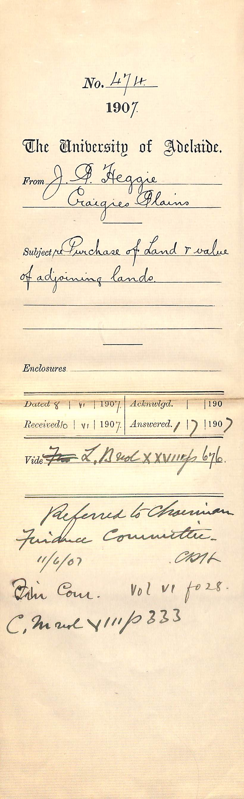 J P Heggie - Craigies Plain - Purchase of Land and value of adjoining lands