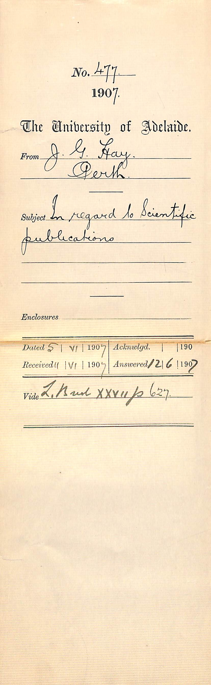 J G Hay - Perth, Western Australia - In regard to Scientific publications