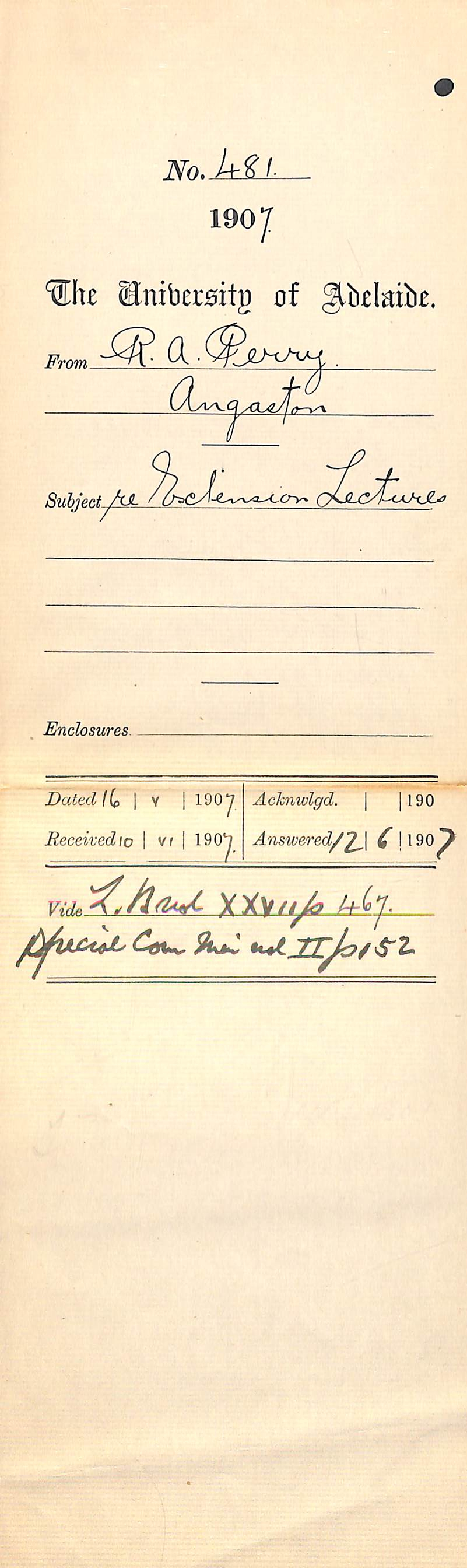 R A Perry - Honorary Secretary - Angaston Institute - Angaston - Re Extension Lectures