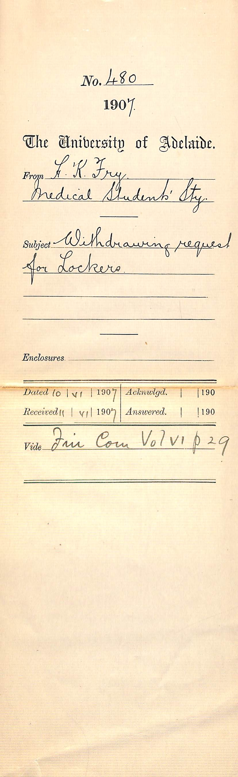 H Kenneth Fry - Honorary Secretary - Adelaide Medical Students' Society - The University - Withdrawing request for lockers